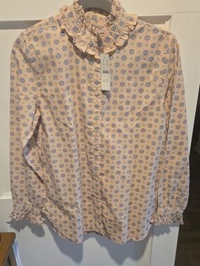 J. Crew Classic Pink and Blue Medallion Ruffled Shirt
